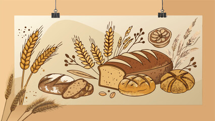 Design a vibrant vector banner promoting a charming artisan bakery, showcasing fresh bread and pastries. Include rustic elements and a warm color palette.