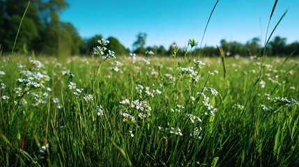 Obraz premium Bright Green Meadow with Tiny White Wildflowers Under Clear Sky