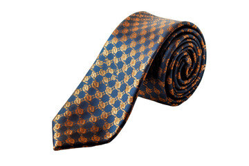 Close-up of a navy blue necktie with a gold patterned design, rolled neatly and resting on a dark surface.