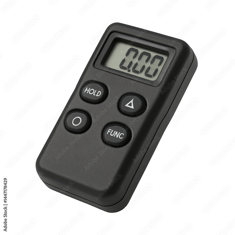 Poster compact handheld electronic device featuring a bright digital readout and four distinct buttons for 