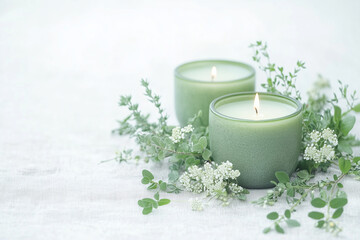 柔らかな灯りとハーブが織りなす、癒しのアロマキャンドルが香るリラックス空間のイメージ