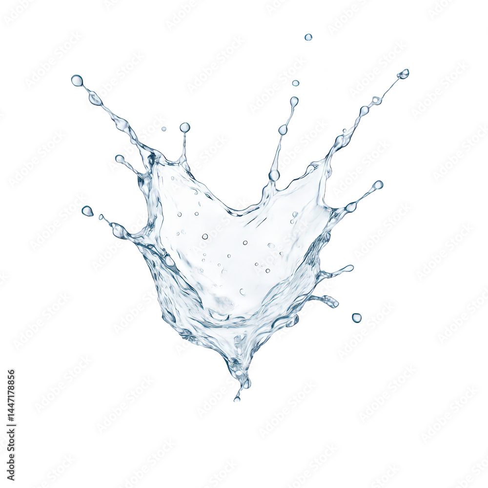 Poster a dynamic water splash bursting with clarity and scattering countless pure droplets in an intricate,