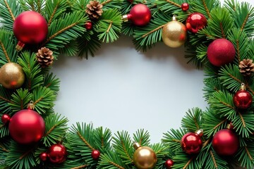 Evergreen wreath, red & gold ornaments, pine cones, merry christmas, christmas decorations