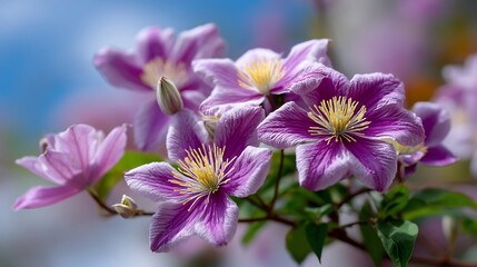 Fototapeta premium Lavender clematis blossoms basking in light