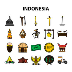 Indonesia Icon Set with Line Filled Style