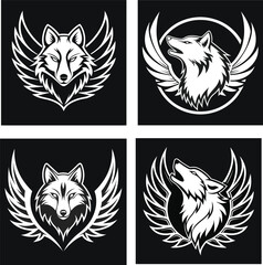 Obraz premium Set of four winged wolf head vector logos in black and white—stylized designs ideal for mascots, fantasy emblems, tattoos, team branding, or decals.