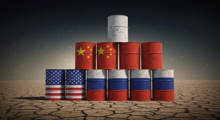 global trade between the US and China in 2025. The scene features two containers with opposing flags of the United States and China, either colliding or standing face to face in a port under a dramati