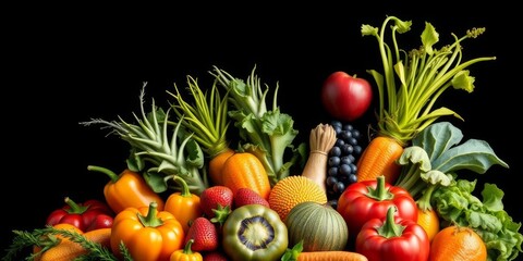 Vibrant fruits & vegetables burst against a stark black backdrop,  eating,  stock photo