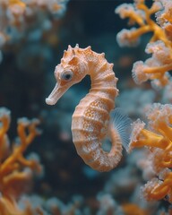 A close-up of a seahorse wrapped around a soft coral,vivid
