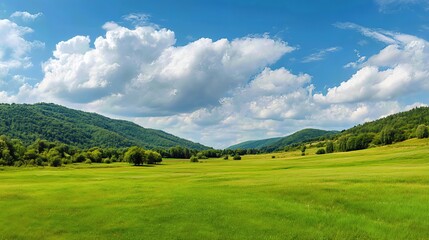 Fototapeta premium A vast green meadow stretches across the landscape, framed by distant hills and a forest, under a bright sky filled with fluffy clouds, perfect for travel and eco-friendly vacation projects. 