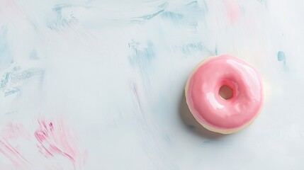 Pink glazed donut on a light blue and pink marble background.