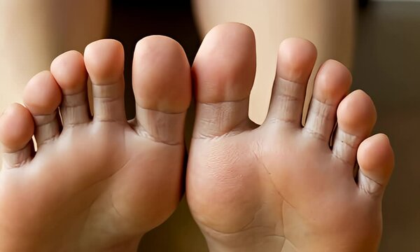 Close-up of two healthy human feet and toes facing forward
