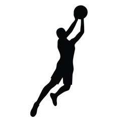 Silhouette of a basketball player vector jumping to catch a ball overhead