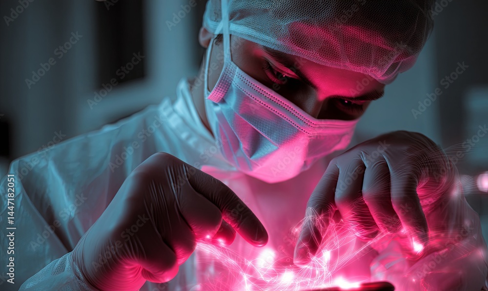 Poster scientist conducts experiment with glowing materials in laboratory setting