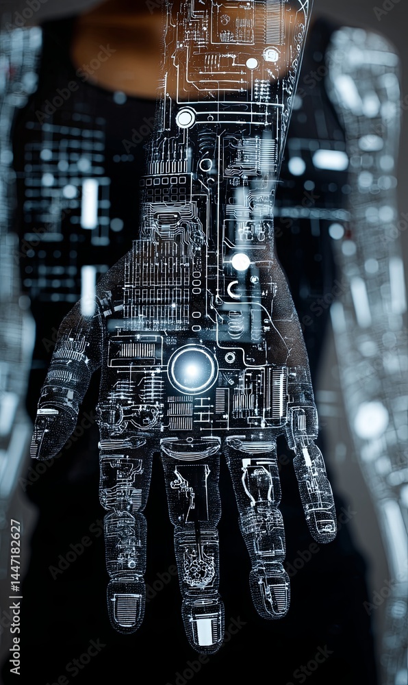 Poster digital interface design on a futuristic robotic hand gesture
