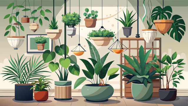 A curated collection of houseplants in sleek plastic pots and hanging baskets.
Clean lines meet lush foliage for a fresh, modern interior look.
Stylish containers in neutral tones complement vibrant g