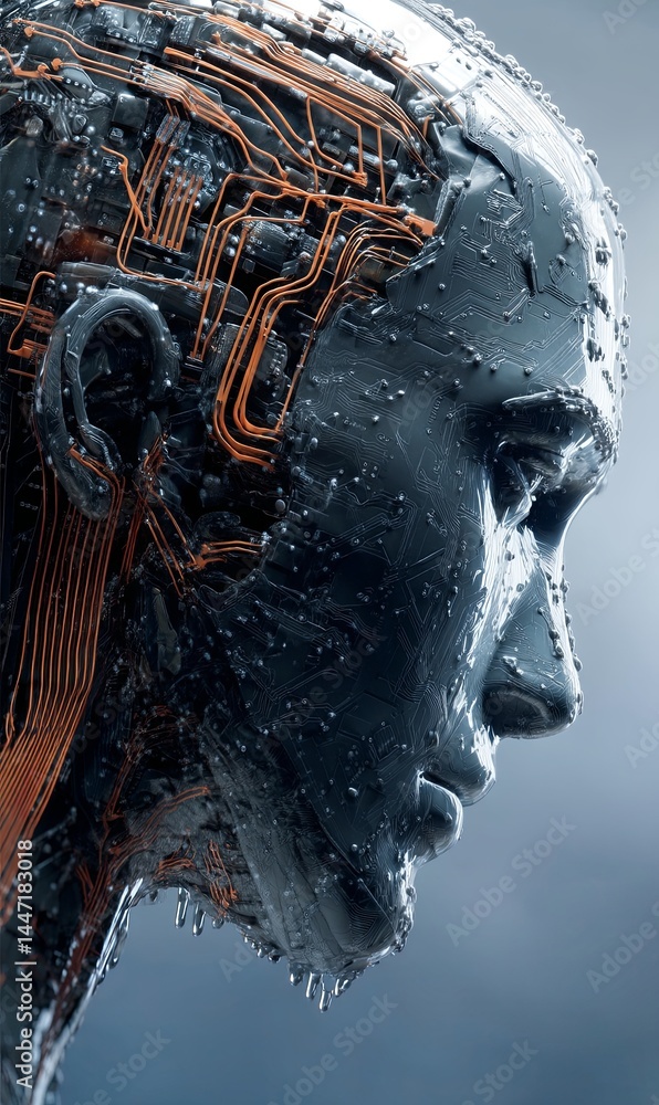 Poster human-like android with intricate circuit design in close-up view
