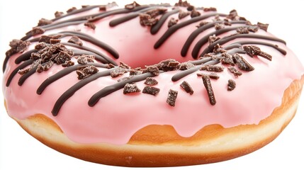 Fototapeta premium Pink donut with chocolate drizzle and sprinkles.