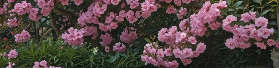 Fototapeta premium Soft pink flower blossoms, peaceful garden nook, garden, nature, fresh