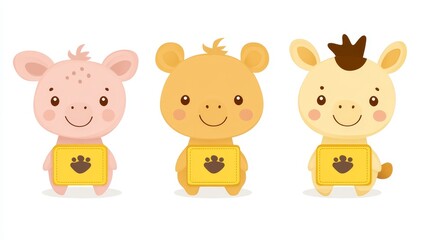 Naklejka premium Adorable cartoon animal characters in yellow shirts on a white backdrop showcasing a pink mouse a brown bear and a cream donkey