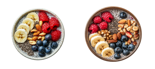Chia seed pudding bowls with fresh fruit and nuts. cut out transparent