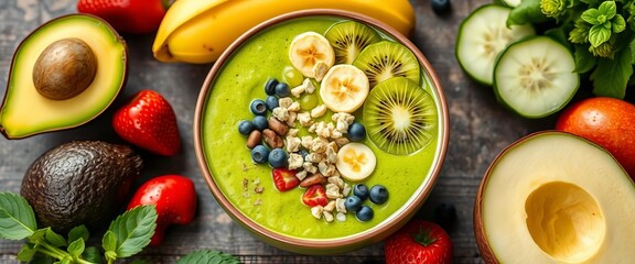 Vibrant green smoothie bowl, avocado, kiwi, banana, cucumber, detox ingredients,  kiwi,  vibrant