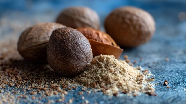 A compelling arrangement of whole nutmeg seeds and ground nutmeg powder showcases the rich textures and earthy colors, representing the essence of culinary delights and natural flavors.