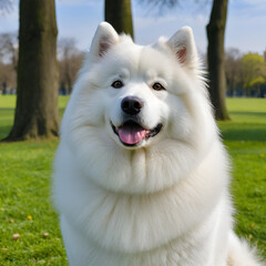 Samoyed dog posing in the beautiful park.