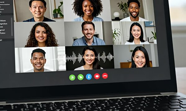 Diverse people in a virtual online meeting shown on a laptop computer screen