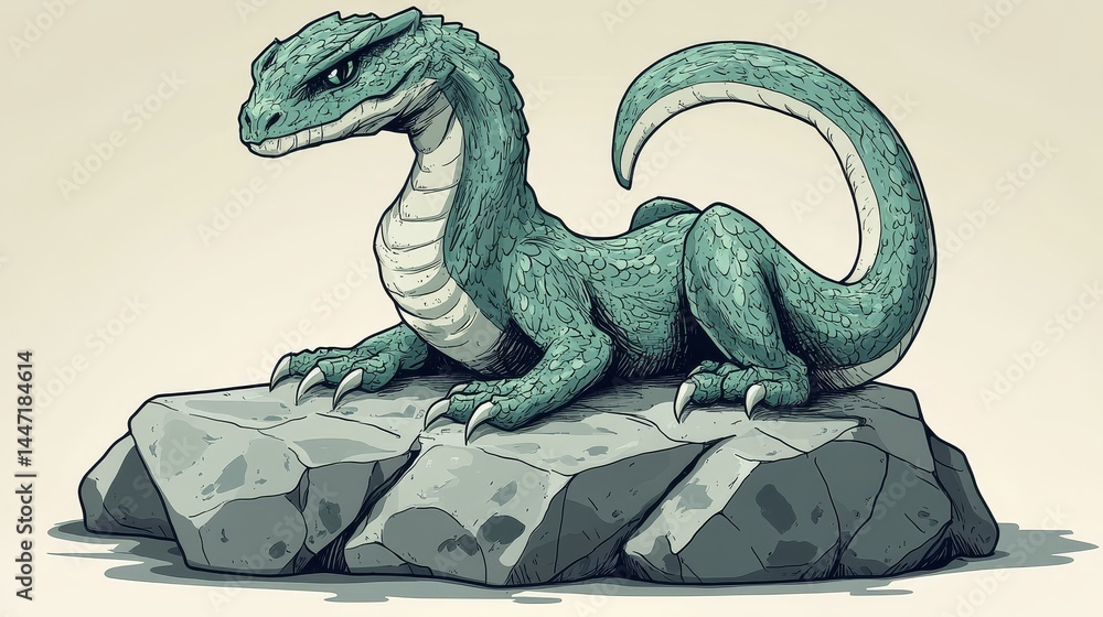 Poster stylized pixelated lizard perched on a rocky outcropping showcasing intricate texture and a subtle c