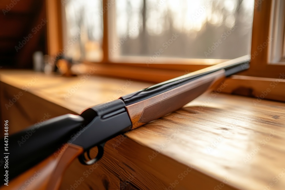 Aufkleber a single rifle rests against a polished wooden surface in a well-lit cabinet, showcasing its design 