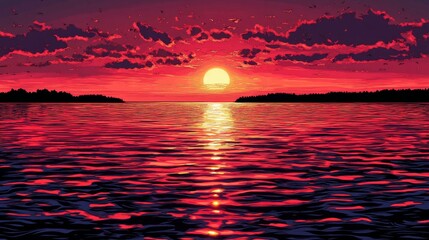 Crimson sunset over tranquil ocean waters displaying pixelated aesthetic evoking nostalgia for vintage video games offering warm vibrant colors