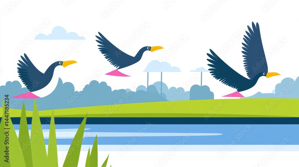 Poster animated pixelated cormorants flying above the tranquil river with stylized mountains and wispy clou