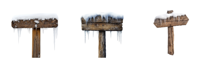 Collection of wooden signposts with ice and snow covering cut out transparent