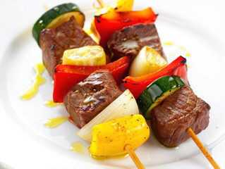 photorealistic chicken kebab with golden charred edges, juicy and tender texture, served on a matte black plate, placed on a dark black background, dramatic lighting with highlights, gourmet food styl