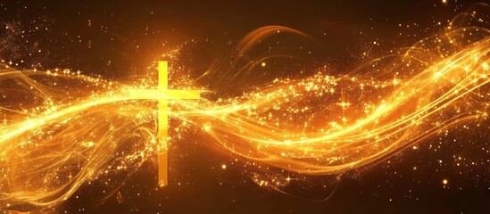 Radiant cross surrounded by streams of light with glittering stardust