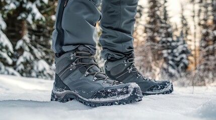 Gray hiking boots in snow with gray pants and a snowy forest background. It is suitable for demonstrating hiking equipment and winter outdoor activities.