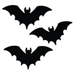 Silhouette of three black bats flying in the night sky, vector image