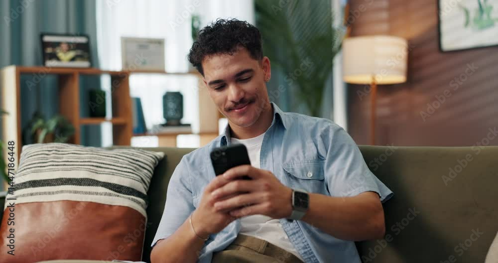 Poster sofa, man and laugh with smartphone for communication, reading message and text from online contact.