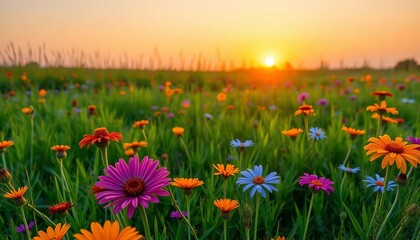 Fototapeta premium Vibrant orange, purple, and blue wildflowers bloom across a sun-drenched green meadow at sunset , wildflowers, blossom