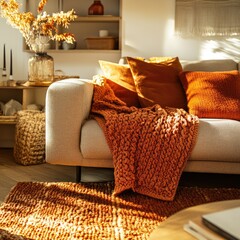 Cozy autumnal living room  Warm tones and textures