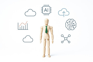 Conceptual ai data tecnology illustration with wooden mannequin surrounded by cloud computing and brain network icons for innovation