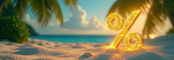 Glowing gold percentage sign on seashore with tropical palm trees in light of sun, tourist sea background. Hot summer sale and discounts, burning tour banner, flyer. 