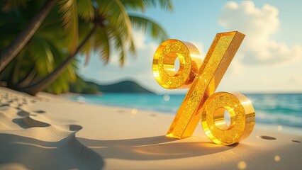 Glowing gold percentage sign on seashore with tropical palm trees in light of sun, tourist sea background. Hot summer sale and discounts, burning tour banner, flyer. 