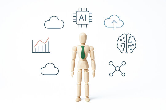 Conceptual ai data tecnology illustration with wooden mannequin surrounded by cloud computing and brain network icons for innovation