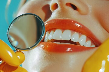 Woman's mouth with shiny lips and perfect teeth inspected via dental mirror. Excellent for dentistry or beauty promotions, emphasizing oral hygiene and care.