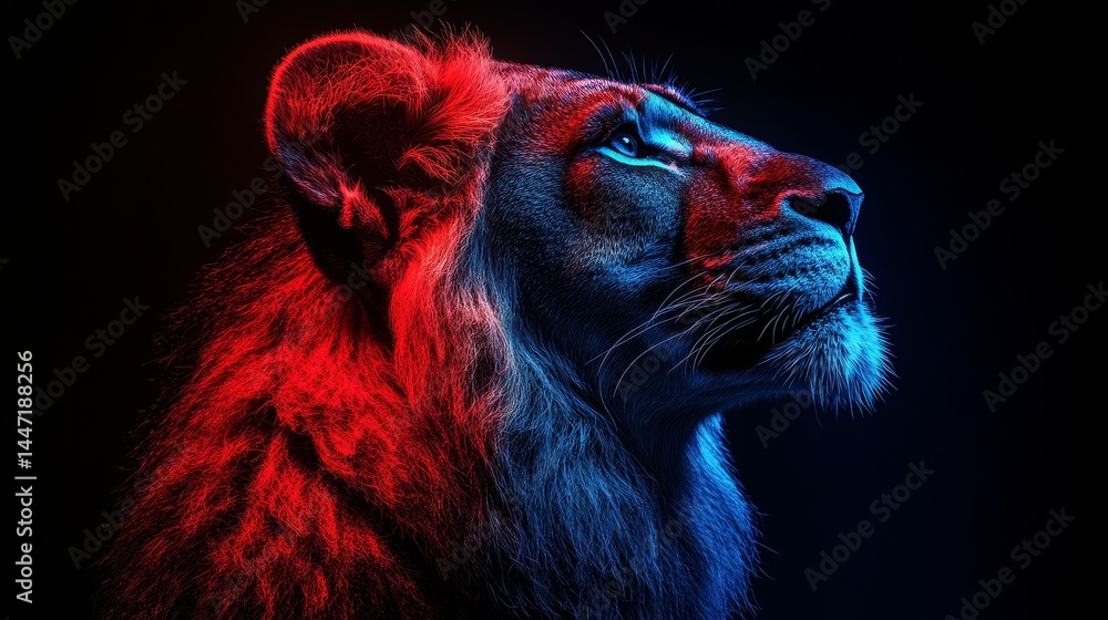 Poster striking portrayal of a lion composed of red and blue luminous particles, evoking power and abstract