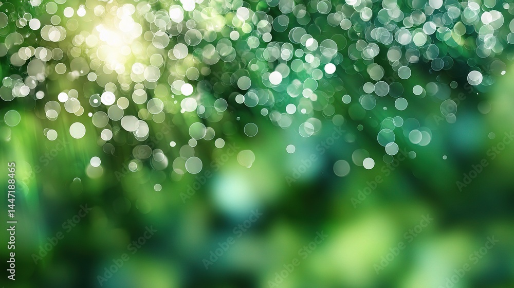 Poster sparkling bokeh effect with sunlight beams in green background