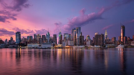 Fototapeta premium Dreamy View of New York City Skyline Under Colorful Sunset Sky