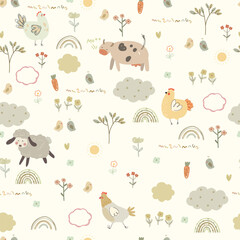Hand drawn fam animals, plants, clouds , sun and rainbows. Seamless pattern with cows, chickens, chicks, sheep, flowers, clouds and rainbows, vector illustration.